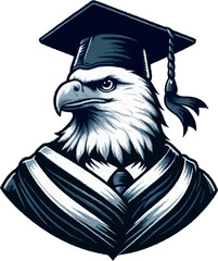 Wall Mural - Bald eagle wearing a graduation cap and gown, isolated on white background