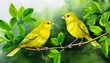 watercolor illustration of two small yellow songbirds on a branch