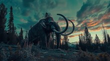 Mammoth Standing In A Field With Violet Sky And Pine Trees In An Artistic Digital Creation