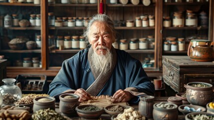 Chinese doctor of traditional Chinese medicine in clinic, surrounded by natural medicines, herbal, spicy and traditional bowls. Generative ai.