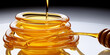  Honey pouring into glass jar with dipper, ideal for healthy sweetening alternatives.