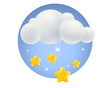 Vector illustration of cloud with stars in 3D style. Weather icon with cloud and stars in realistic style. Toy for baby.