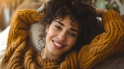 Poster - Portrayal of Joy and Comfort: Woman Smiling in Cozy Knitwear. Welcoming Smile and Warm Atmosphere Evoke Happiness. Casual Indoor Portrait Showing Contentment and Style. AI