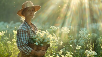 Sticker - Woman in a Hat Holding Flowers in a Sunny Field. Natural Light, Summer Countryside Scene. Rustic and Tranquil Atmosphere. Garden Lifestyle Portrait. AI