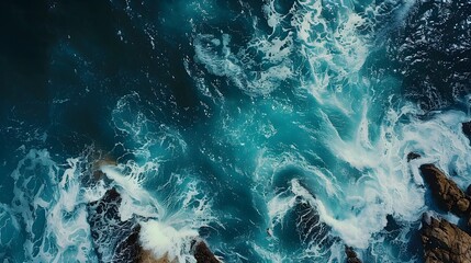 Wall Mural - Aerial top view of sea, ocean blue waves crashing on rocky shore