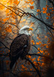 A bald eagle sits on a branch in the fall.