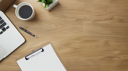 Wooden office desk table. Workspace with computer keyboard and blank notebook with equipment other office supplies. Top view with copy space, flat lay.