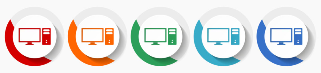 Aufkleber - Computer, monitor, screen, pc vector icon set, flat icons for logo design, webdesign and mobile applications, colorful round buttons