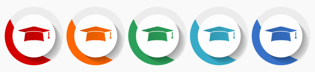 Aufkleber - Graduation cap, education vector icon set, flat icons for logo design, webdesign and mobile applications, colorful round buttons