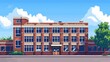 © Matthew - A charming pixel art illustration of a traditional school building with a clear blue sky and fluffy clouds in the background, capturing a sense of nostalgia