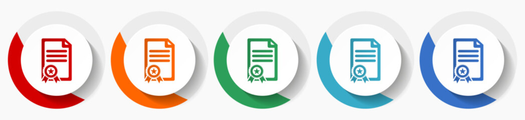 Aufkleber - Certificate, diploma, achievement vector icon set, flat icons for logo design, webdesign and mobile applications, colorful round buttons