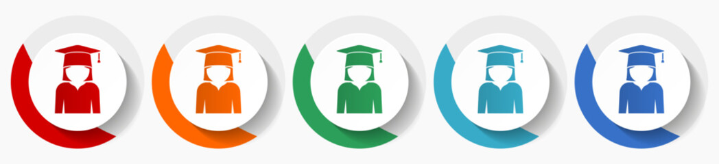 Aufkleber - Graduate, education, female student vector icon set, flat icons for logo design, webdesign and mobile applications, colorful round buttons