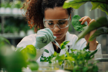 Wall Mural - female scientist researching on plants in laborotory. concept for biotechnology and genetic modifica