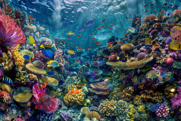 Canvas Print - A colorful coral reef with many fish swimming around