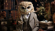 Visualize a sophisticated owl in a chic tweed blazer, paired with a leather