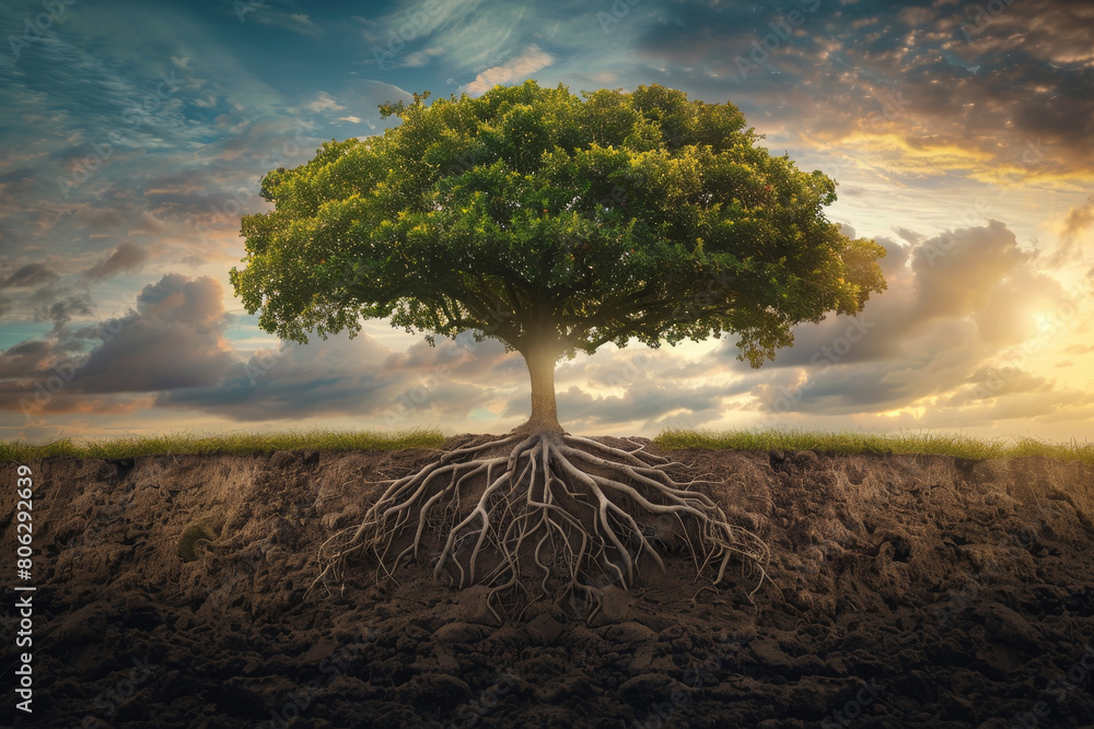 A tree with its roots exposed in the dirt Stock Photo | Adobe Stock