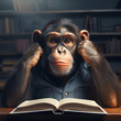 chimpanzee at the library, AI generated