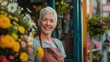 A woman with a smile on her face stands in front of a flower shop. She owns a small business florist.