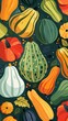 Assorted Pumpkins and Gourds in a Festive Autumn Illustration