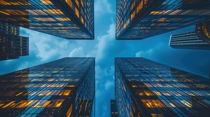 Wall Mural - gazing upward, the towering skyscrapers reach for the clouds, showcasing architectural magnificence 