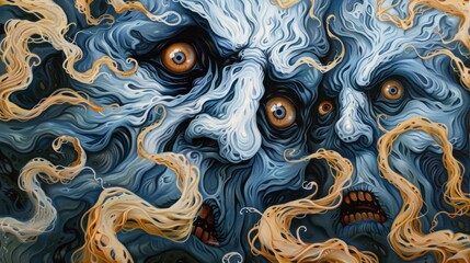 Wall Mural - Abstract blue monster woven from hell with yellow eyes and an open mouth.