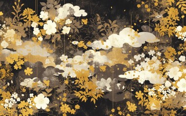 Wall Mural - a japanese ink painting style illustration of white clouds, gold and silver flowers