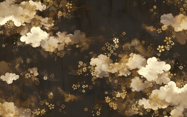 Wall Mural - a japanese ink painting style illustration of white clouds, gold and silver flowers