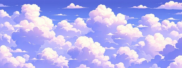 Wall Mural - A pattern of white clouds in the sky, purple background, Japanese watercolor, cute, simple.