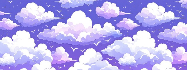 Wall Mural - A pattern of white clouds in the sky, purple background, Japanese watercolor, cute, simple.