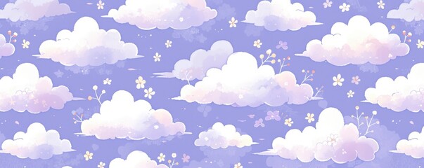 Wall Mural - A pattern of white clouds in the sky, purple background, Japanese watercolor, cute, simple.