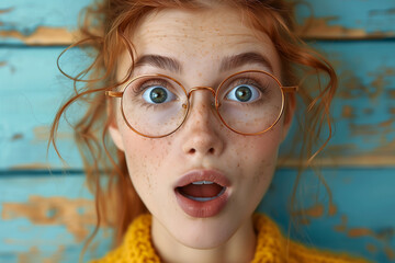 Canvas Print - A woman has her mouth and eyes wide open and a surprised expression on her face.