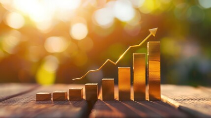 a conceptual image showing golden bars on a wooden table with a golden rising arrow indicating finan