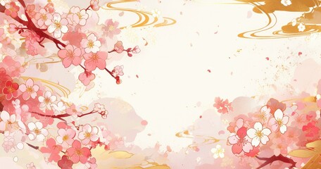 Wall Mural - cherry blossoms, clouds and Japanese patterns on a white background with copy space in pink, beige and gold colors. traditional Japanese artwork.