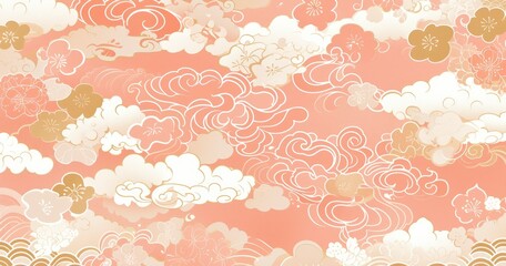 Wall Mural - Clouds pattern, pink background with white cloud patterns and gold decoration, in the Japanese style.