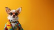 Süßer kleiner Mischling Hund mit Kleidung und Sonnenbrile schaut in die Kamera als Cartoon Poster, ai generativ