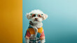 Süßer kleiner Mischling Hund mit Kleidung und Sonnenbrile schaut in die Kamera als Cartoon Poster, ai generativ