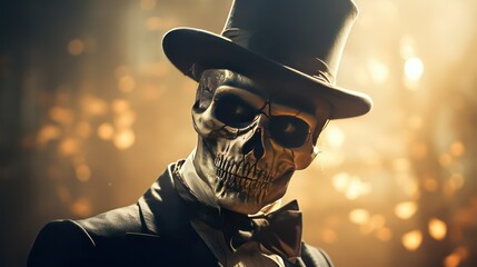 Portrait of a man with skull makeup and top hat. Halloween.