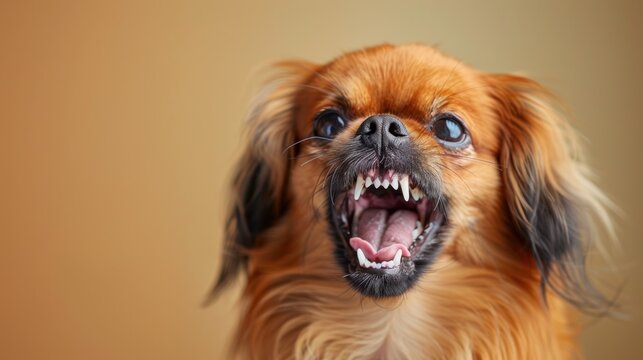 Pekingese, angry dog baring its teeth, studio lighting pastel background