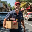 Smiling delivery man holding a box with a picture of a burger on it