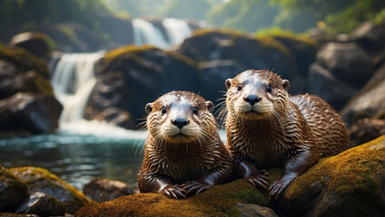 Canvas Print - Otters close view on sea 