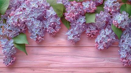 Wall Mural - Pale purple lilac flowers on pale pink wooden background. Free space for text.