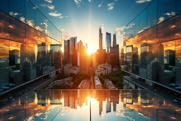 Canvas Print - Stunning sunset over a modern city with skyscrapers made of glass reflecting the sky