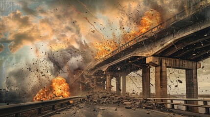 Explosion on giant bridge over the river. Concept of technological disaster or military conflict