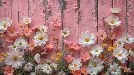 Wall Mural - Cosmea flowers on pink shabby wooden background. Free space for text.