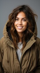 Poster - Portrait of a smiling young woman in a brown jacket