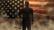 Depict a man with a microphone against the backdrop of the American flag, symbolizing political discourse and expression