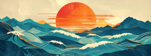 Wall Mural - A retrostyle drawing of the setting sun over an ocean, with waves and mountains in shades of blue and green. The sky is painted with warm hues of orange and yellow, serene atmosphere.