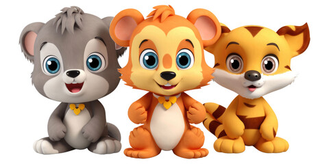 Wall Mural - set of 3 cartoon animal toys characters isolated on a transparent background