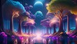 magic fabulous neon space forest, planet in another galaxy