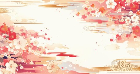 Wall Mural - cherry blossoms, clouds and Japanese patterns on a white background with copy space in pink, beige and gold colors. traditional Japanese artwork.